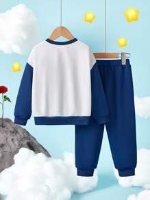 LE PETIT PRINCE X SHEIN Young Boy Cartoon Fox Pilot Pattern Colorblock Loose Sweatshirt And Pants Set, Autumn/Winter - Blue and White - View 3