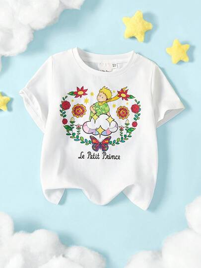 LE PETIT PRINCE X SHEIN Young Girl Colorful Floral Plant Heart Cartoon Figure Graphic Knitted Cotton Round Neck Short Sleeve T-Shirt