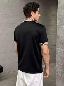 Manfinity BRENVOR 男士黑色格子针织短袖Polo衫，格子拼接，适合夏季 - 黑色 - 查看 3