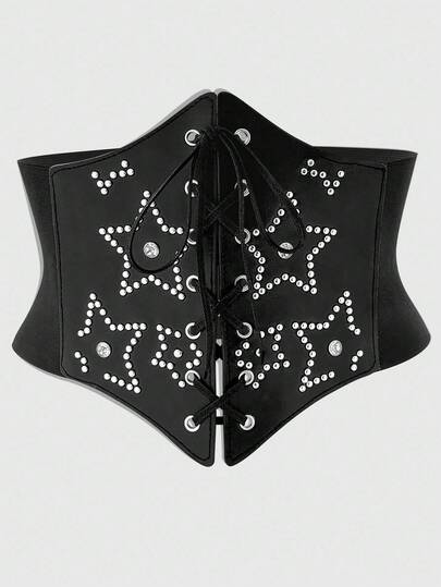 Goth 1pc Women's Black Rivet & Rhinestone Pentagram Decor Elastic Drawstring Waist Belt, Punk Style Hexagon Waist Cincher Dress Accessory, Versatile For Halloween & Daily Wear