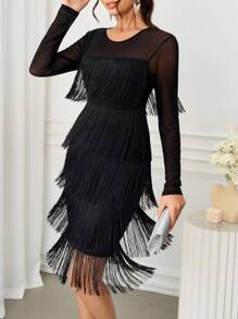 Ellevyn Váy Thu/Đông Mới Cho Nữ, Váy Lưới Vá Nhiều Lớp Tua Rua Xòe, Thích Hợp Cho Trà Chiều, Tiệc Tùng, Chụp Ảnh, Đa Năng - màu đen - Xem 3