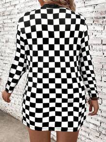 EMERY ROSE Plus Size Plaid Jacket, Minimalist & Fashionable, Suitable For Spring & Autumn Fall Winter Cloth For Women - Black and White - View 2