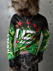 NEON BLANC Camiseta de manga larga con cuello redondo y gráfico de letras, estilo urbano para hombre, otoño - Verde Oscuro - Ver 1