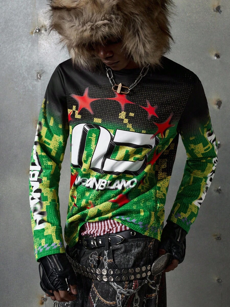 NEON BLANC Camiseta de manga larga con cuello redondo y gráfico de letras, estilo urbano para hombre, otoño - Verde Oscuro - Ver 1