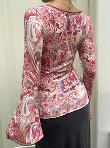 Sunnyshic Women's Paisley Print V-Neck Long Sleeve Top Fall Cloth For Women