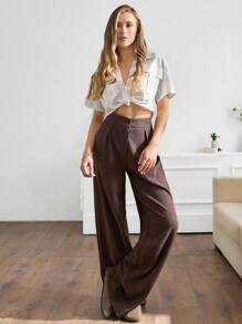 SHEIN Tall Tall Size Solid Colour Frenchy Wide Leg Pants - Brown - View 4