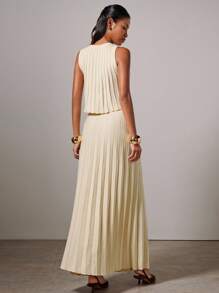 COSMINA 2pcs Women Elegant Casual Minimalist Pleating Sleeveless Top And Long Skirt Knit Sweater Set; Going Out Outfits Fall/ Winter - Cream - View 2