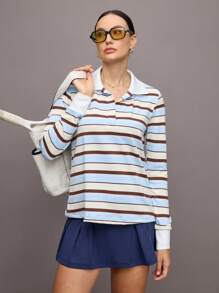 Activina Áo thun polo thể thao dài tay kẻ sọc thường ngày dành cho nữ - Màu xanh lam - Xem 4