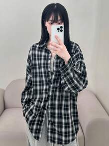 DAZY Versatile Loose Fit Turndown Collar Single-Breasted Plaid Long Sleeve Shirt Fall Tops