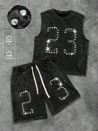 Street Life Men's Summer Casual Rhinestone Decoration Tank Top And Shorts Set
