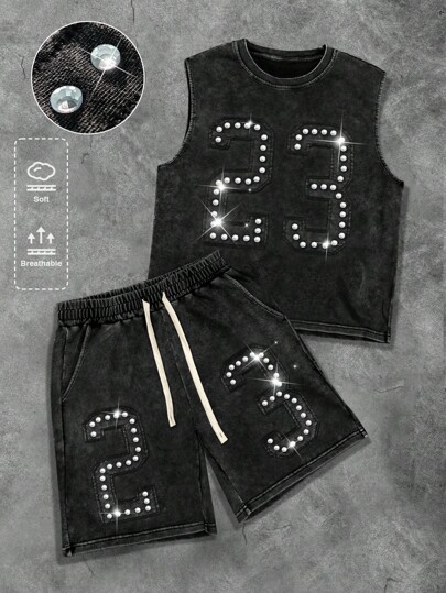 Prep Ensemble débardeur et short casual d'été pour hommes avec décoration de strass