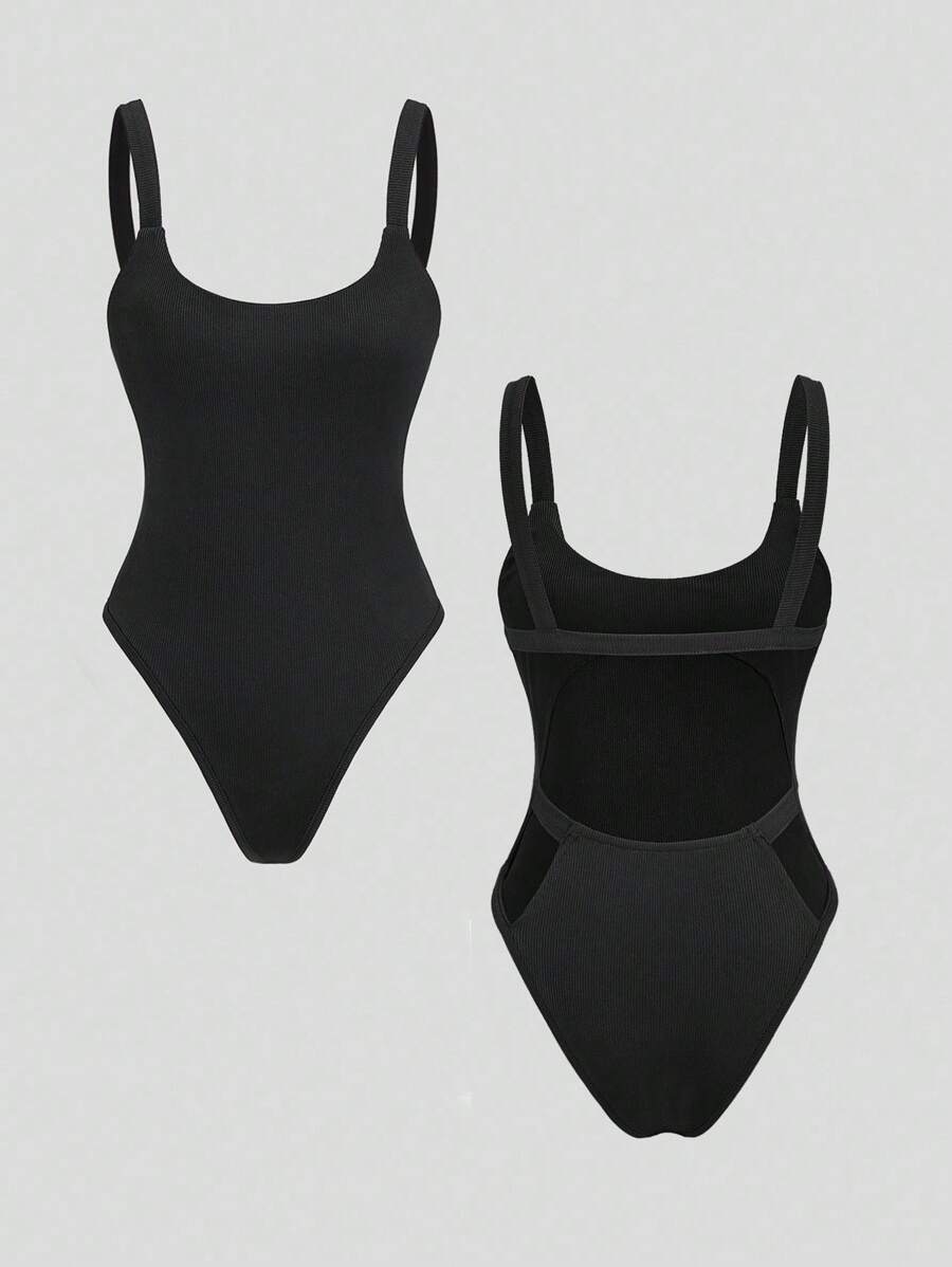 Sweetra 女式基本款圆领无袖镂空后背连体衣，黑色，春夏 - 黑色 - 查看 1