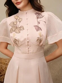 Anewsta Váy chữ A thêu hoa thanh lịch màu mơ dành cho nữ, thích hợp cho kỳ nghỉ, tiệc tùng, hẹn hò, trang phục mùa xuân, trang phục mùa hè, lễ Phục sinh, lễ hội - Hồng - Xem 1