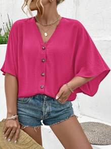 EMERY ROSE Blusa versátil de talla grande para mujer con detalles de diseño, cuello en V, mangas raglán y botones, en unicolor y jacquard, para playa y resort, nueva colección primavera/verano 2025 - Rosa Fucsia - Ver 3