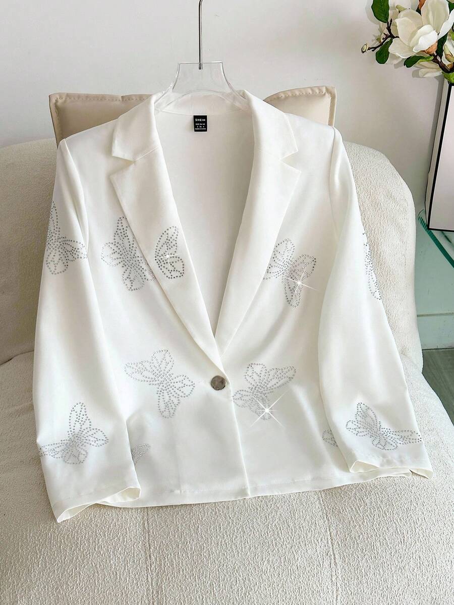 Modelyn Women's Fashionable & Elegant Rhinestone Butterfly Blazer  Fall Clothes For Women  Wedding Blazer Guest  Rhinestone Blazer   Fall Clothes For Women  A Long-Sleeved White Blazer With A Diamond Butterfly-Shaped Embossed Diamond, Elegant And Stylish, Old-Style Korean Blazer - White - View 1