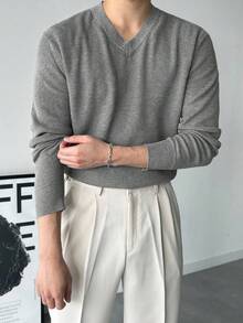 DAZY 男士纯灰色V领毛衣，通勤风格，秋季 - 灰色 - 查看 5