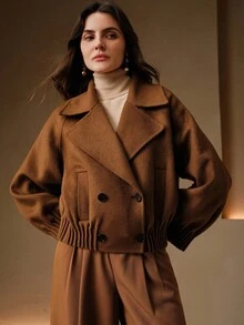 SHEIN X Jwoww Anewsta Women's Autumn/Winter Brown Short Fitted Elegant Hem & Cuff Striped Double-Breasted Lapel Double-Faced Wool Coat - Khaki - View 7