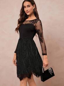 Amorya Elegante abito da donna a tinta unita con inserti in pizzo e maniche lunghe - nero - Visualizzare 3