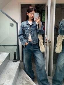 DAZY Women's Casual Washed Denim Jacket And Wide Leg Jeans 2 Pieces Set