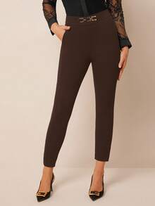 Amorya Women's High Waist Metallic Buckle Detail Skinny Pants Stretchy Pants,Fall