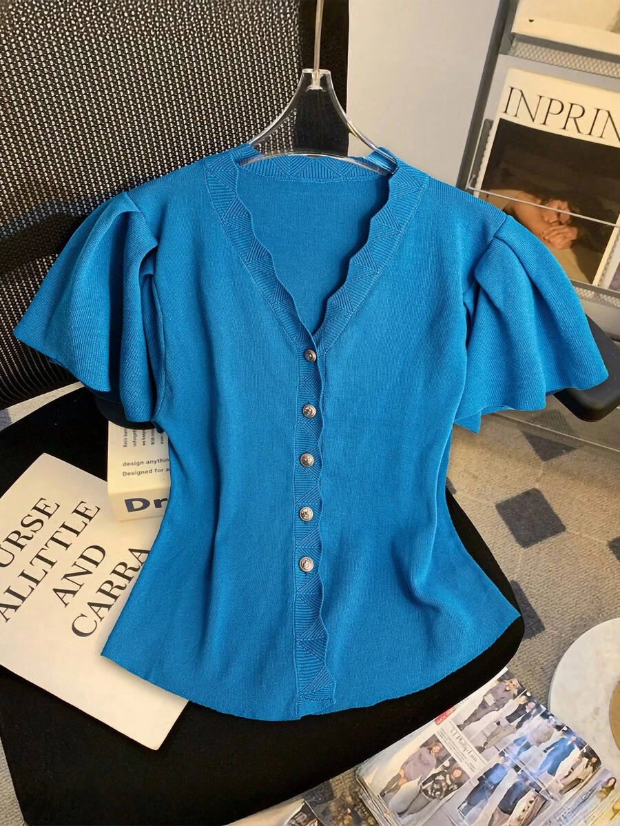 SHEIN Clasi Plus Size Women's Solid Color Single-Breasted Ruffle Short Sleeve Casual Cardigan - Blue - View 1