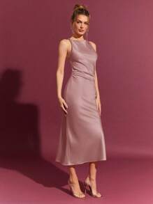 优雅纯色缎面扭纹细节情人节中长连衣裙。女士春季穿搭 = - 藕粉色 - 查看 6