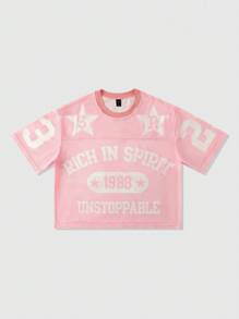 ROMWE MEN Street Life Men's Mesh Breathable Sports Star Slogan &Number T-Shirt