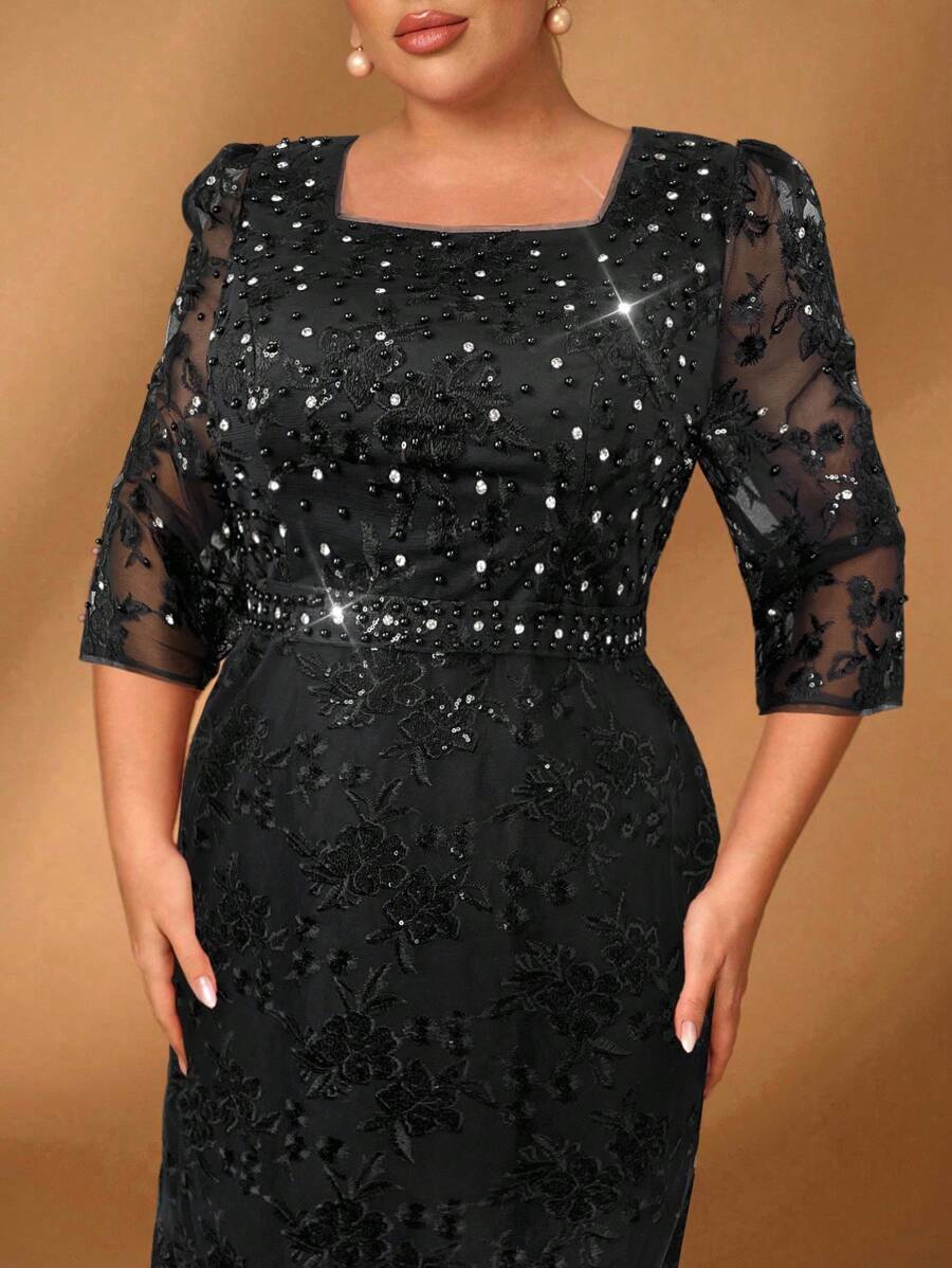 Serin Vestido formal de sirena con mangas medianas, elegante y romántico, con encaje muy adornado con cuentas y rhinestones, apropiado para gala, banquete, madre de la novia, talla grande