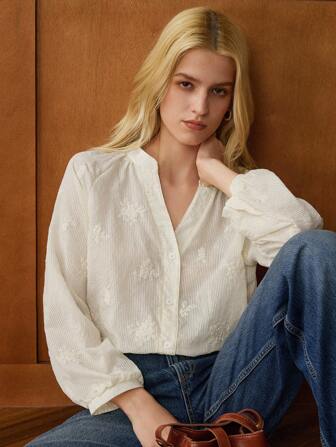 Écloséra 春夏假期波西米亚法式休闲条纹刺绣七分袖衬衫