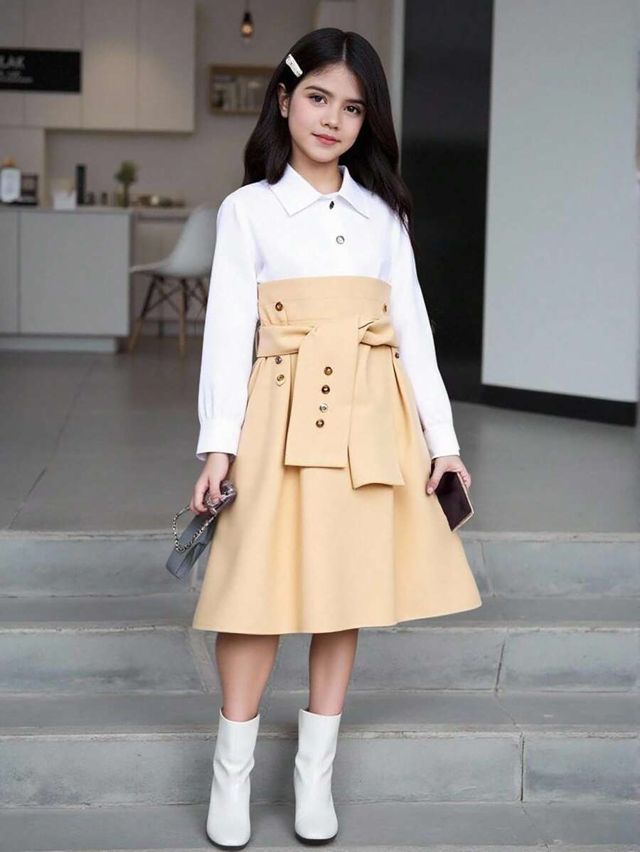 休闲学院风日常时尚简约长袖少女连衣裙 - 彩色 - 查看 1