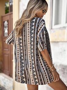 Brillora Geo Print Drop Shoulder Kimono & Tie Front Shorts - Multicolor - View 6