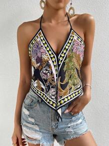 Femesol Floral Print Tie Front Halter Top Graphic Tees Women Tops Scarf Top Mardi Gras Crop Top Halter Tops For Women Tropical Top - Multicolor - View 7