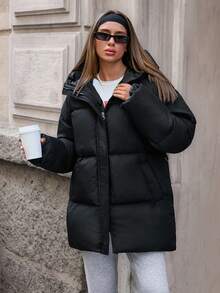 EURMUSE Fashionable Solid Color Hooded Jacket For Winter - Black - View 7