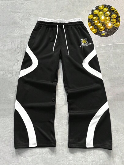 Street Life Men's Letter Print Diamond Drawstring Waist Loose Fit Casual Sweatpants