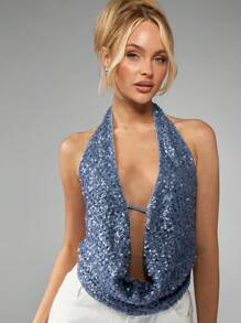 MISSGUIDED Glamorous Sequin Halter Cowl Neck Backless Party Evening Top Club Festival Draped Front Summer Cropped Blouse - Dusty Blue - View 1