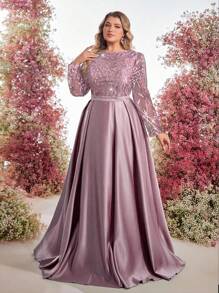 Glamrae Plus Size Elegant Romantic Boat Neck Long Sleeve Sheer Beaded Embroidered Patchwork A-Line Formal Gown - Pink - View 3