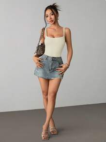 SHEIN PETITE Women's Ribbed Ribbed High Elastic Tight Suspender White Bodysuit - White - View 4