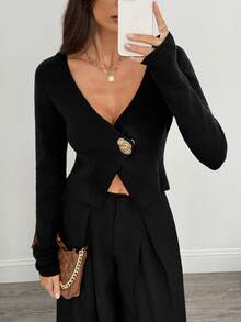 SHEIN Tall 黑色不对称紧密针织开衫 黑色长袖上衣 黑色V领上衣 黑色裹身上衣 罗纹黑色上衣 女士黑色上衣 秋冬黑色V领上衣 - 黑色 - 查看 1