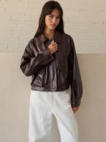 Nöista Women's Fashion Commuter Fur Collar Cropped Jacket - Coffee Brown - View 4