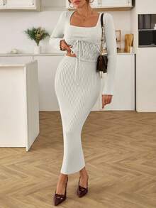Women Square Neck Rib Knit Drawstring Detailed Sweater & Sweater Skirt Set - Cream - View 1