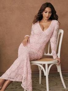 Anewsta Savoree Đầm dài tay xẻ tà sau lưng khoét sâu chữ V màu hồng lãng mạn thanh lịch dành cho nữ, ren hoa 3D ôm sát eo - Hồng - Xem 3