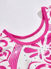 SHEIN Young Girl Floral Print Artistic Gymnastics Leotard, Professional Competition Technique Outfit, Suitable For All Seasons, Children Dance Performance And Training - Hot Pink - View 4