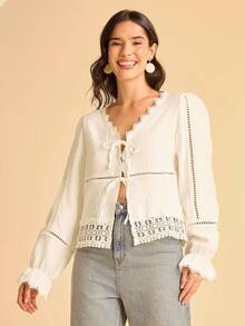 CAJUNI 女士休闲时尚百搭系带长袖衬衫 - 白色 - 查看 4