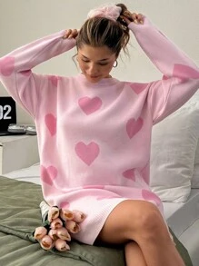 EURMUSE Crewneck Heart Pattern Knit Sweater Dress In Candy Pink – 82cm Shoulder To Hem Length, Relaxed Fit,Winter Dresses For Women,Petite - Pink - View 2