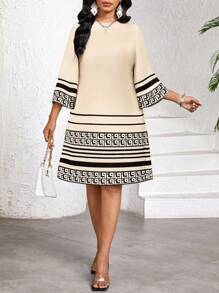 SHEIN Lady 女式格子印花圆领优雅中长连衣裙 - 彩色 - 查看 6