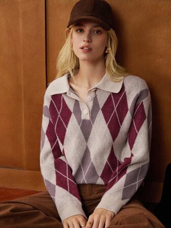 Écloséra French Vintage,Retro Loose Polo Collar Long Sleeve Knitted Colorblock Diamond Check Pattern Jacquard Half-Button Design Khaki,Beige,Burgendy,Women Pullover Sweater, Autumn/Winter,Work Wear, Office Wear, Teacher Outfits, Back To School, Fall , Business Casual, Old Money Style Autumn Dress Knitted Sweater, Christmas