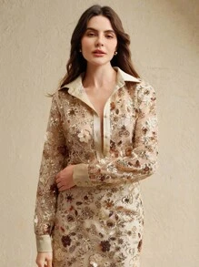 Anewsta 优雅香槟色花卉网眼亮片长袖衬衫，适合正式活动、约会、度假