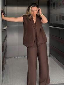 Jeta Ari 2pcs Set Women Minimalist Solid Color Linen Resort-Style Blazer Outfit - Brown - View 4