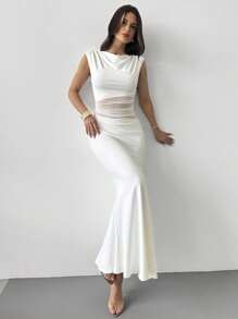 Firerie 全新夏季女式优雅淑女度假旅行浪漫约会白色无袖腰部透明网眼荷叶边鱼尾连衣裙 - 白色 - 查看 8