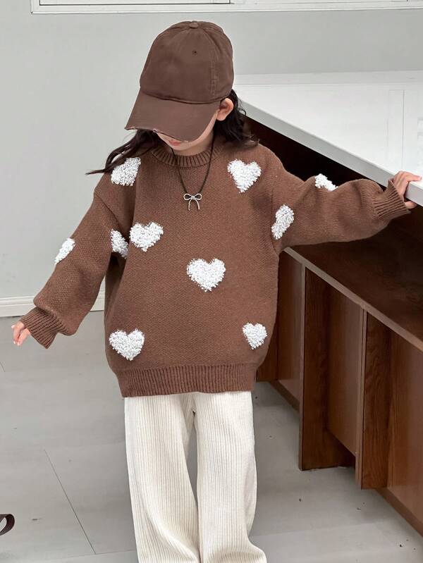 DAZY Girls (Small) Round Neck Contrast Color Heart Casual Long Sleeve Sweater